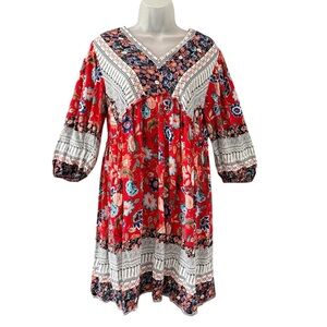BTFBM Red Floral Boho Babydoll Peasant Dress Long Sleeve Size M Festival ✅